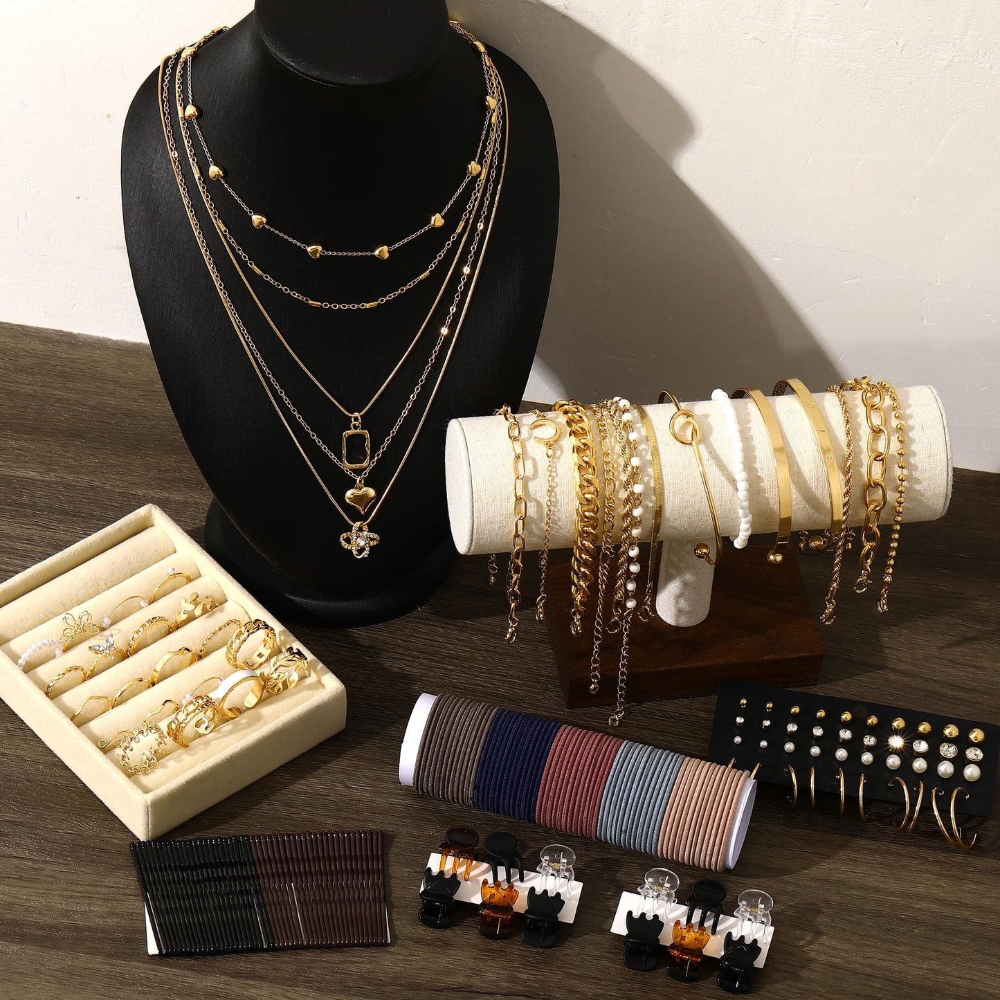 Jewelry 68 Pcs Gold Jewelry Set for Women with 7 Necklace, 17 Bracelet, 5 Hoop Earrings, 15 Stud Earrings, 24 Knuckle Rings for Women Jewelry Set for Women Gift