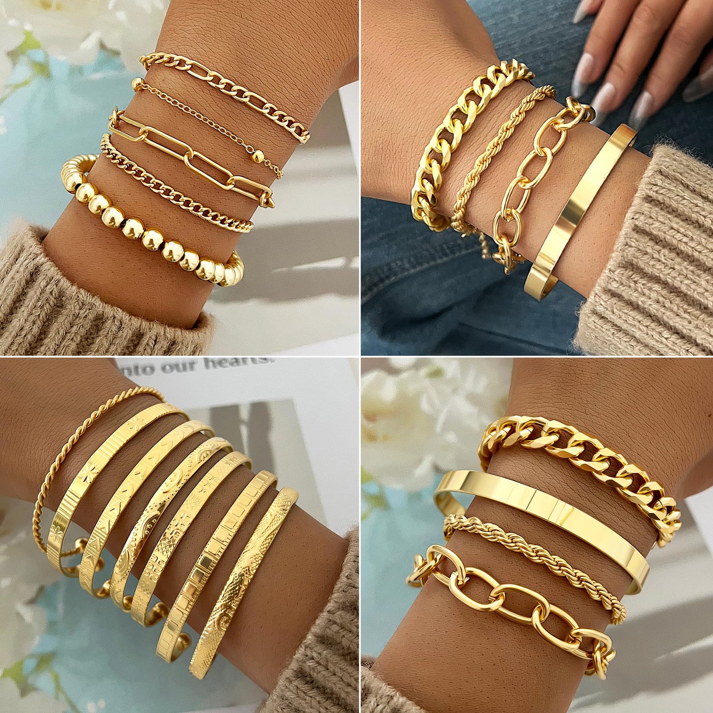 Jewelry 68 Pcs Gold Jewelry Set for Women with 7 Necklace, 17 Bracelet, 5 Hoop Earrings, 15 Stud Earrings, 24 Knuckle Rings for Women Jewelry Set for Women Gift