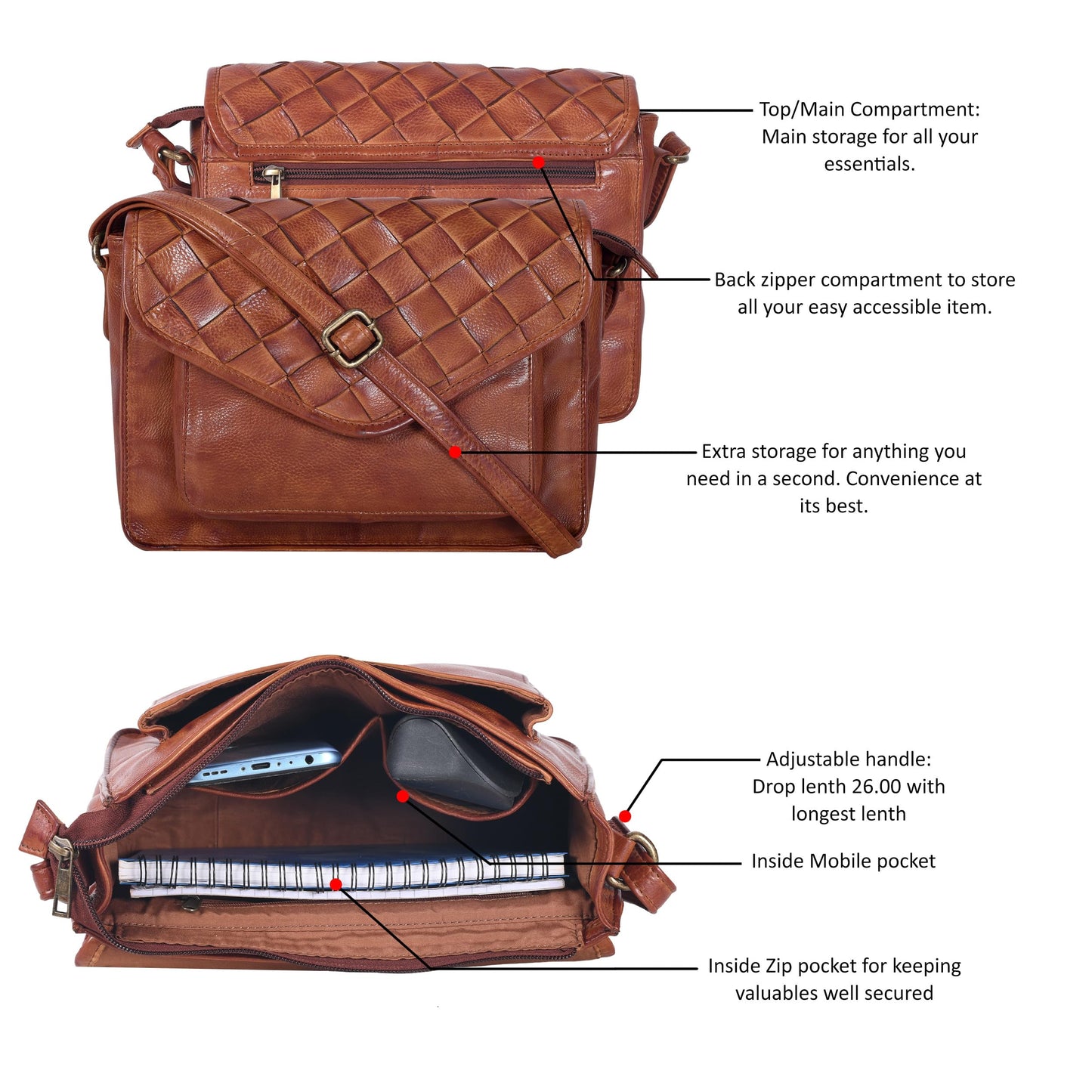 Leather Flapover Crossbody Handbag Purse for Women with Adjustable Strap & Overflap Snap Closure Tote/Bag