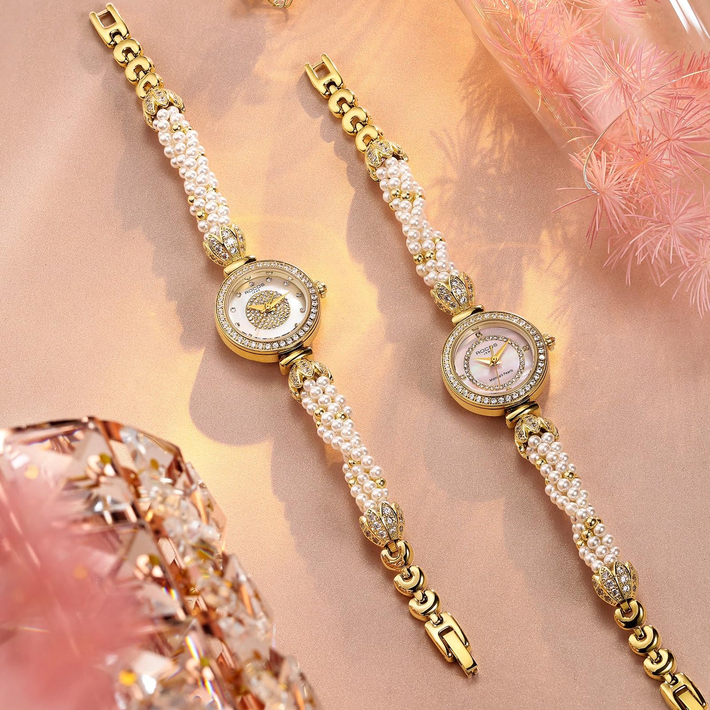 ROCOSJEWE R0262 Bracelet Watches for Women,Fashion Gold Dress Watch,Women's Pearl Bracelet Watch,Dazzling/Pink Dial,Adjustable Stainless Strap,Waterproof,Gift for Women