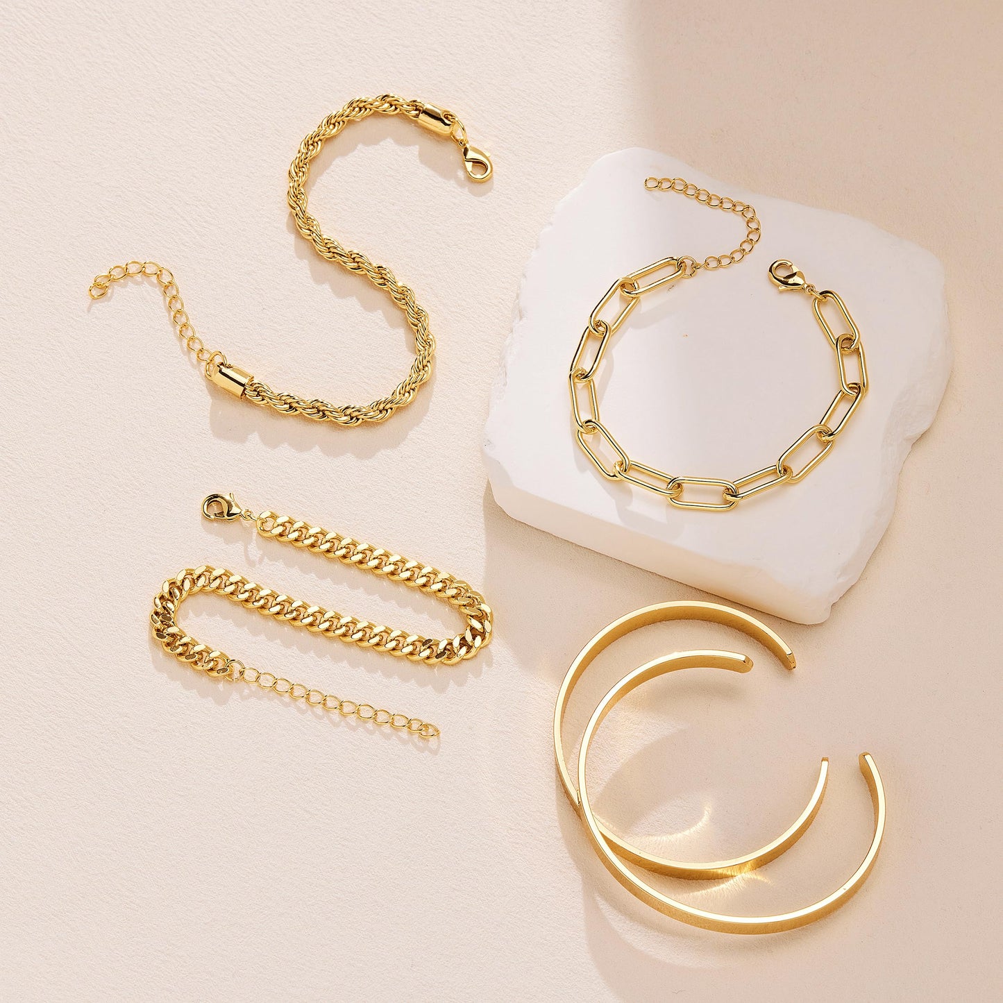 Jewelry Gold Bracelets Set for Women Non Tarnish, Waterproof 14K Gold Plated Sterling Silver Chunky Cuff Bracelet Stackable Gold Bangles Bracelet for Women Trendy Fashion Accessories Tie Knot Cuban Rope Paperclip Beaded Bracelet Stack