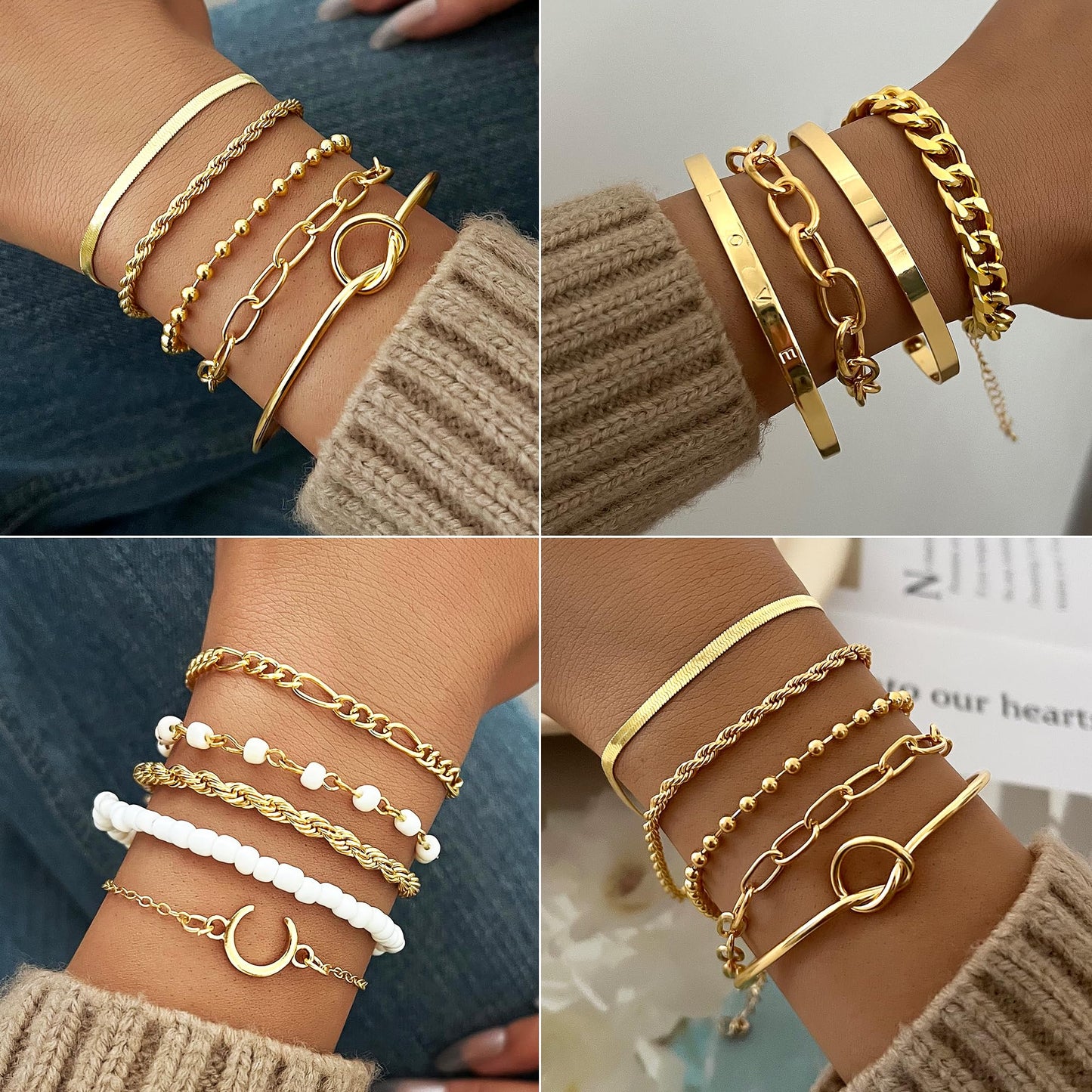 Jewelry 68 Pcs Gold Jewelry Set for Women with 7 Necklace, 17 Bracelet, 5 Hoop Earrings, 15 Stud Earrings, 24 Knuckle Rings for Women Jewelry Set for Women Gift