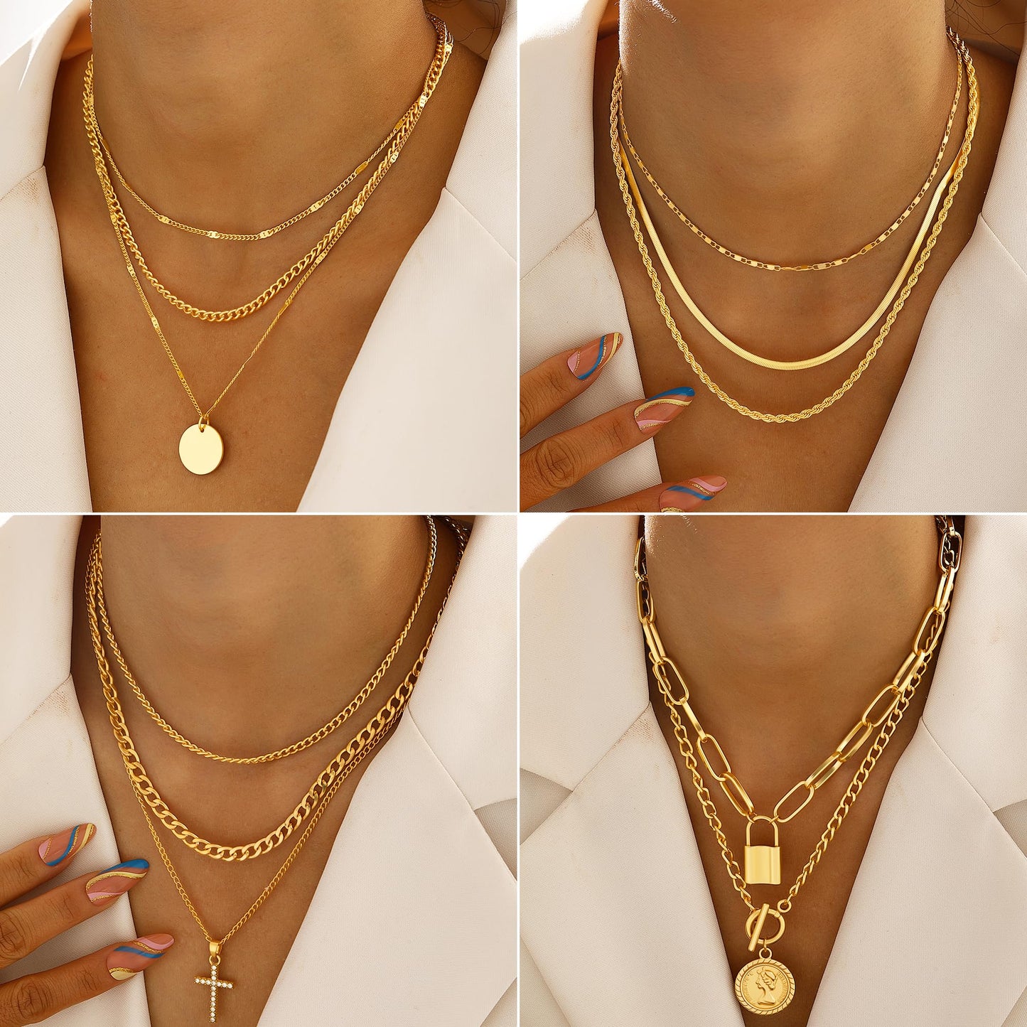Jewelry 68 Pcs Gold Jewelry Set for Women with 7 Necklace, 17 Bracelet, 5 Hoop Earrings, 15 Stud Earrings, 24 Knuckle Rings for Women Jewelry Set for Women Gift