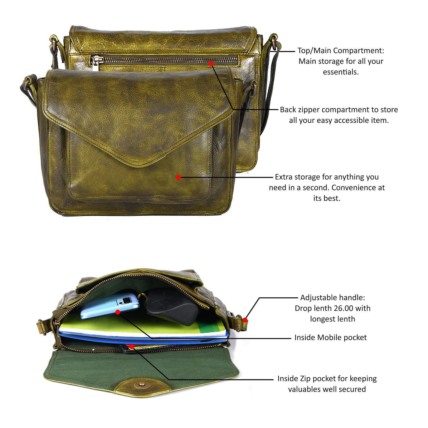 Leather Flapover Crossbody Handbag Purse for Women with Adjustable Strap & Overflap Snap Closure Tote/Bag