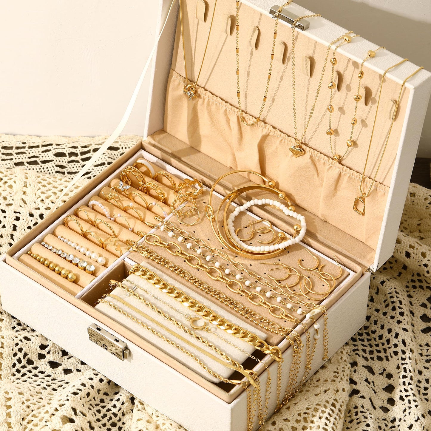 Jewelry 68 Pcs Gold Jewelry Set for Women with 7 Necklace, 17 Bracelet, 5 Hoop Earrings, 15 Stud Earrings, 24 Knuckle Rings for Women Jewelry Set for Women Gift