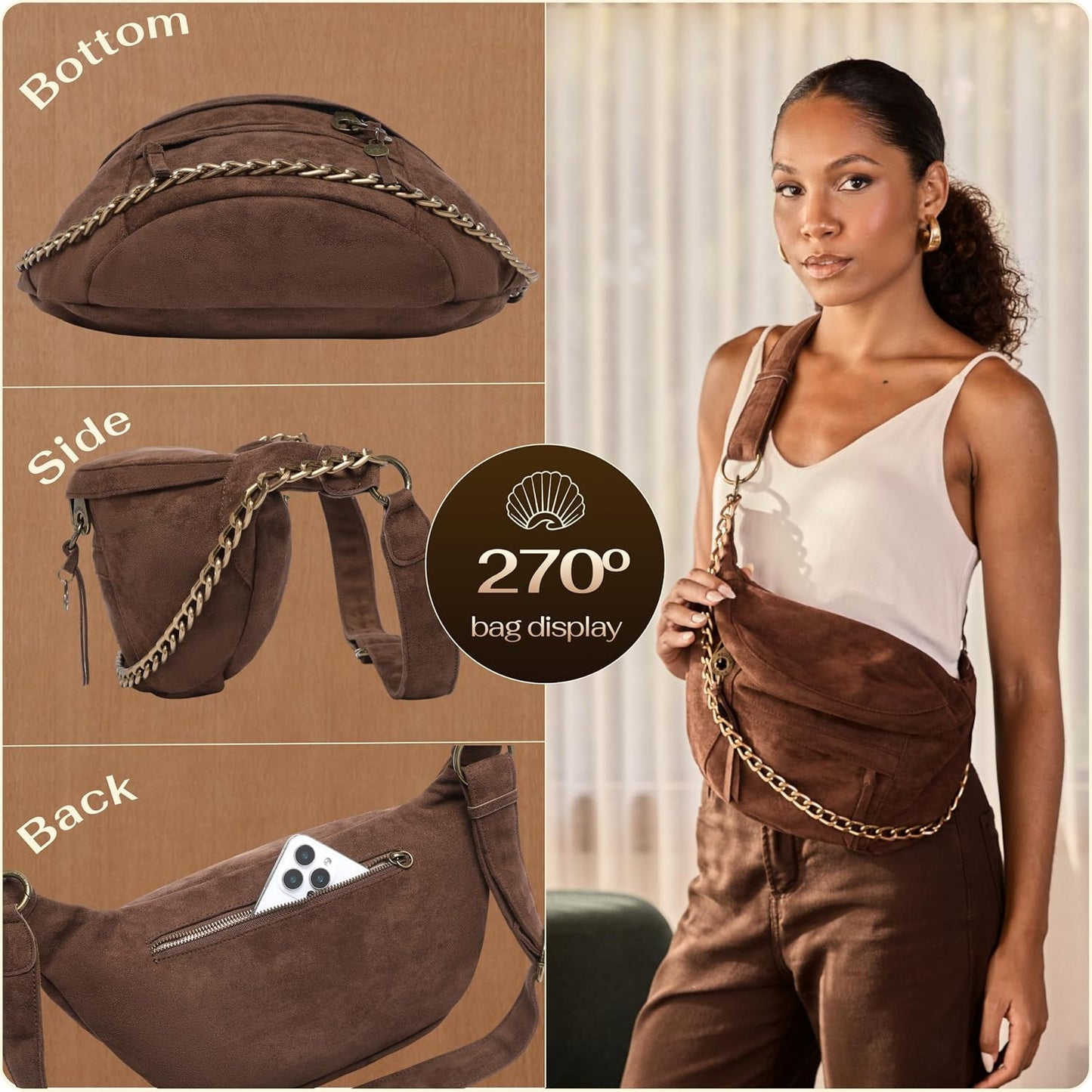 Anti Pickpocket Crossbody Large Vegan Dark Brown Suede Sling Bag RFID & Glasses Pockets, Adjustable Strap, Anti Theft Design, Multiple Compartments, Chain Detail Travel Crossbody Bag for Women