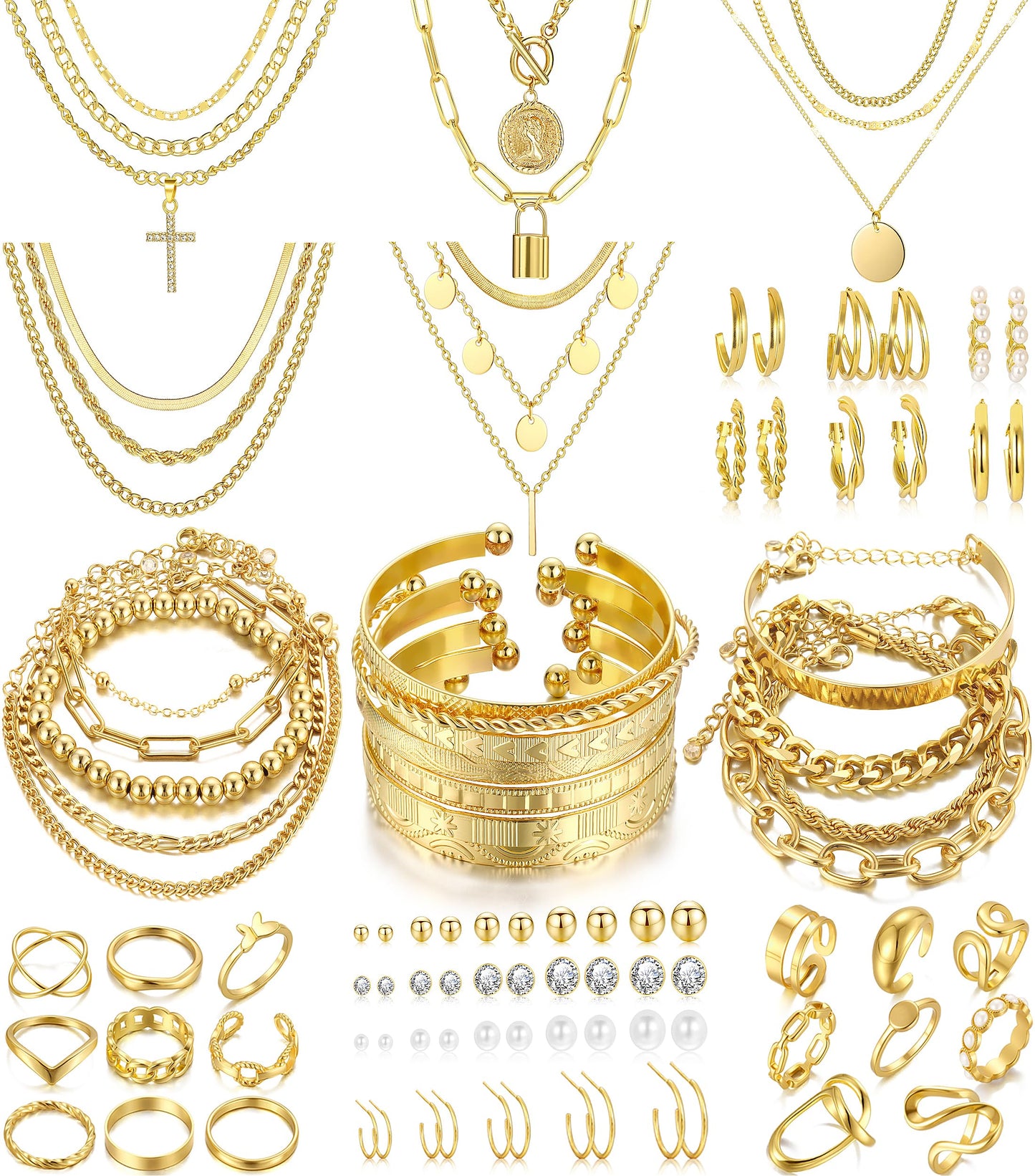 Jewelry 68 Pcs Gold Jewelry Set for Women with 7 Necklace, 17 Bracelet, 5 Hoop Earrings, 15 Stud Earrings, 24 Knuckle Rings for Women Jewelry Set for Women Gift