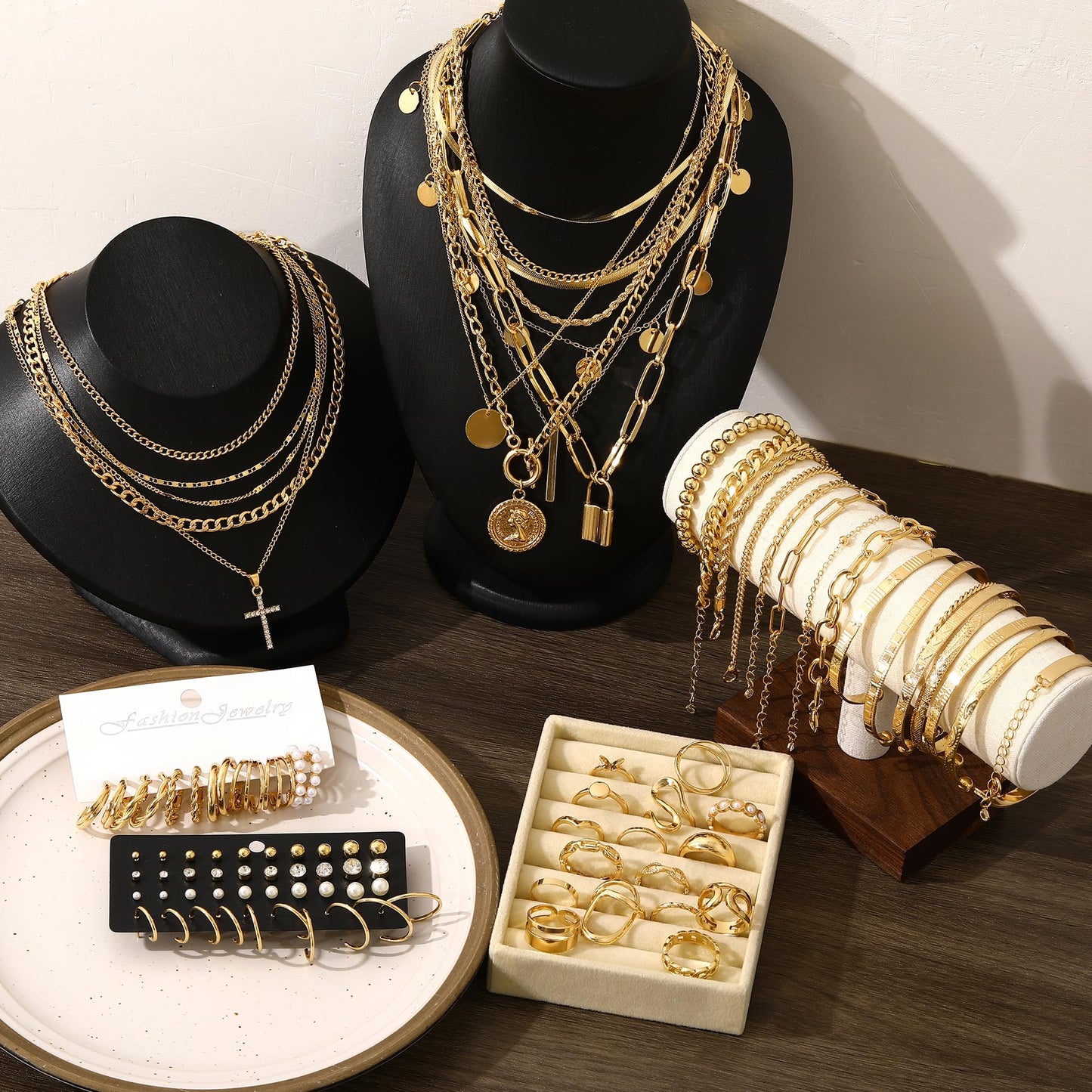 Jewelry 68 Pcs Gold Jewelry Set for Women with 7 Necklace, 17 Bracelet, 5 Hoop Earrings, 15 Stud Earrings, 24 Knuckle Rings for Women Jewelry Set for Women Gift