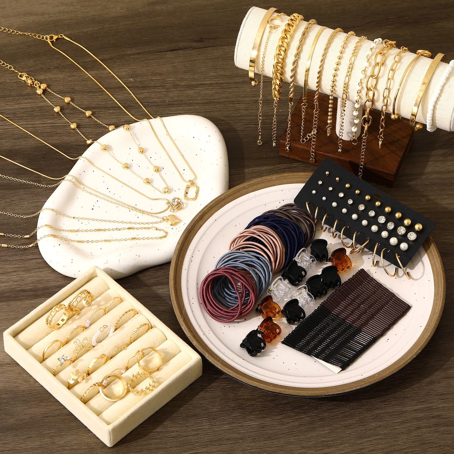Jewelry 68 Pcs Gold Jewelry Set for Women with 7 Necklace, 17 Bracelet, 5 Hoop Earrings, 15 Stud Earrings, 24 Knuckle Rings for Women Jewelry Set for Women Gift