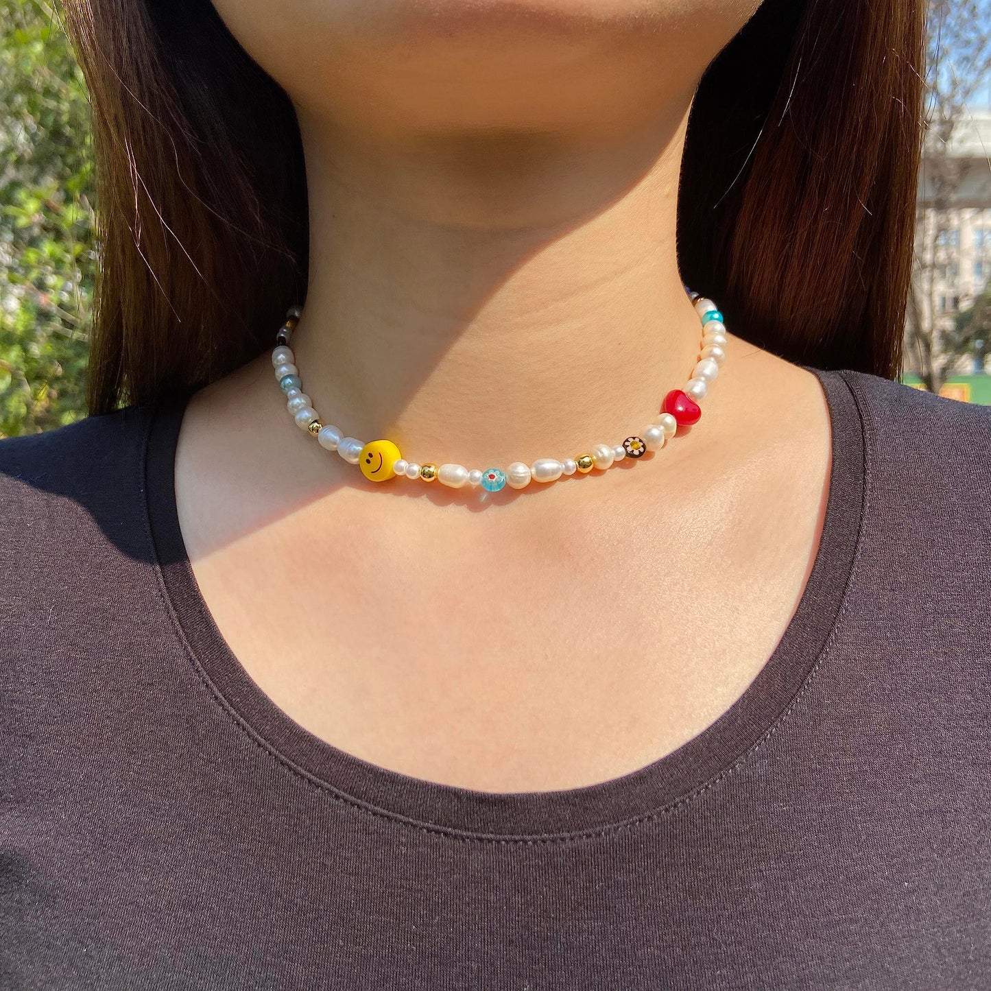 Natural Freshwater Pearl Fun Flirty Beaded Choker Necklace Handmade Summer Boho Jewlery Gifts for Women Teen