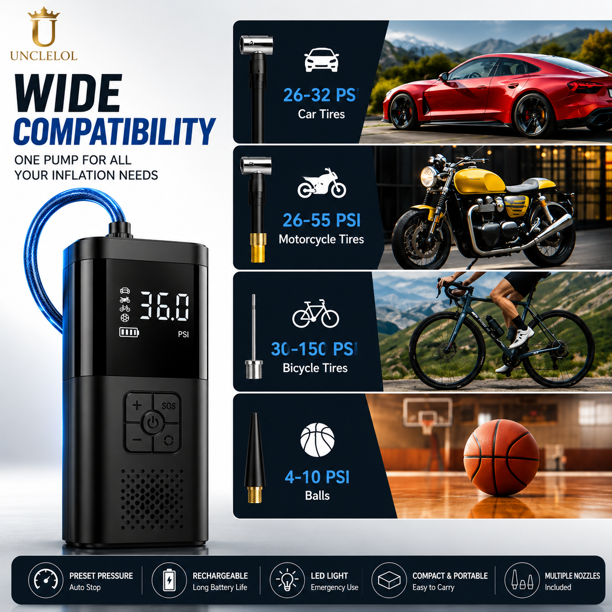 Portable Cordless Tire Inflator Air Compressor 150 PSI – Fast Digital Air Pump with LED Display for Car, Motorcycle, Bicycle, SUV & Sports Equipment