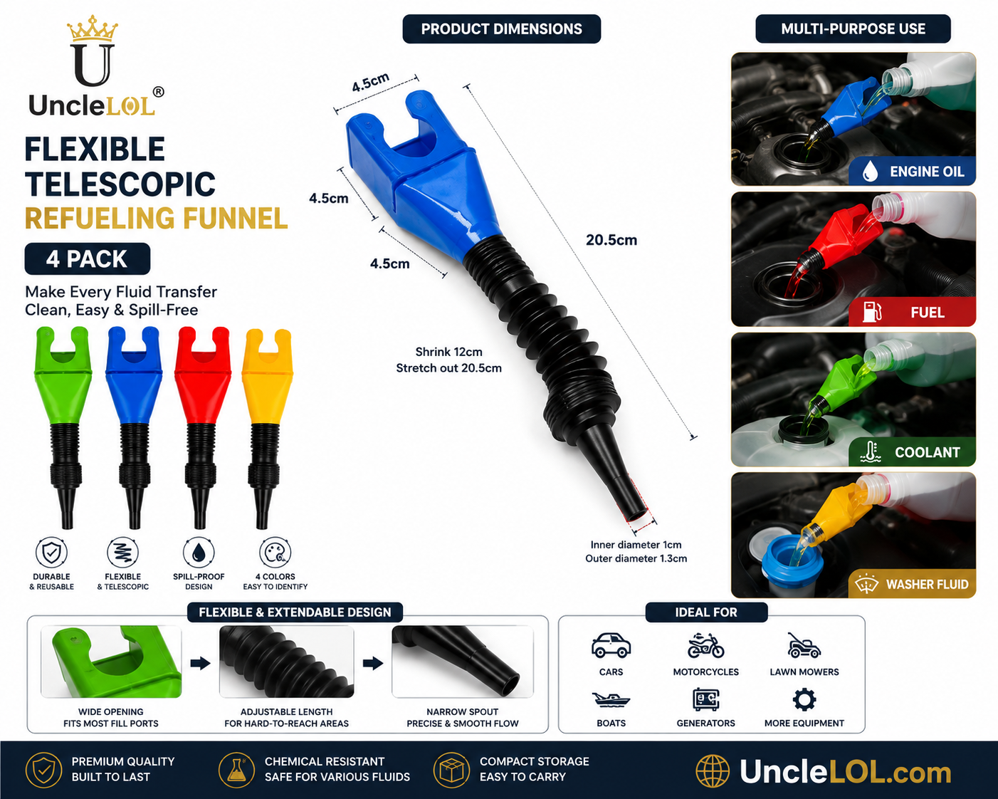 1 Pack Flexible Telescopic Refueling Funnel Set | Multi-Purpose Oil & Fuel Funnels | UncleLOL