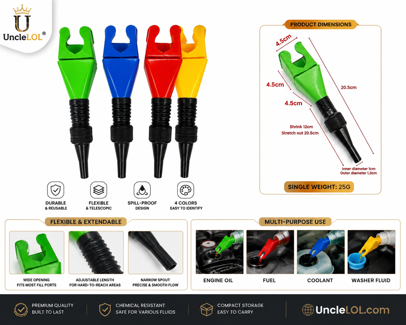1 Pack Flexible Telescopic Refueling Funnel Set | Multi-Purpose Oil & Fuel Funnels | UncleLOL