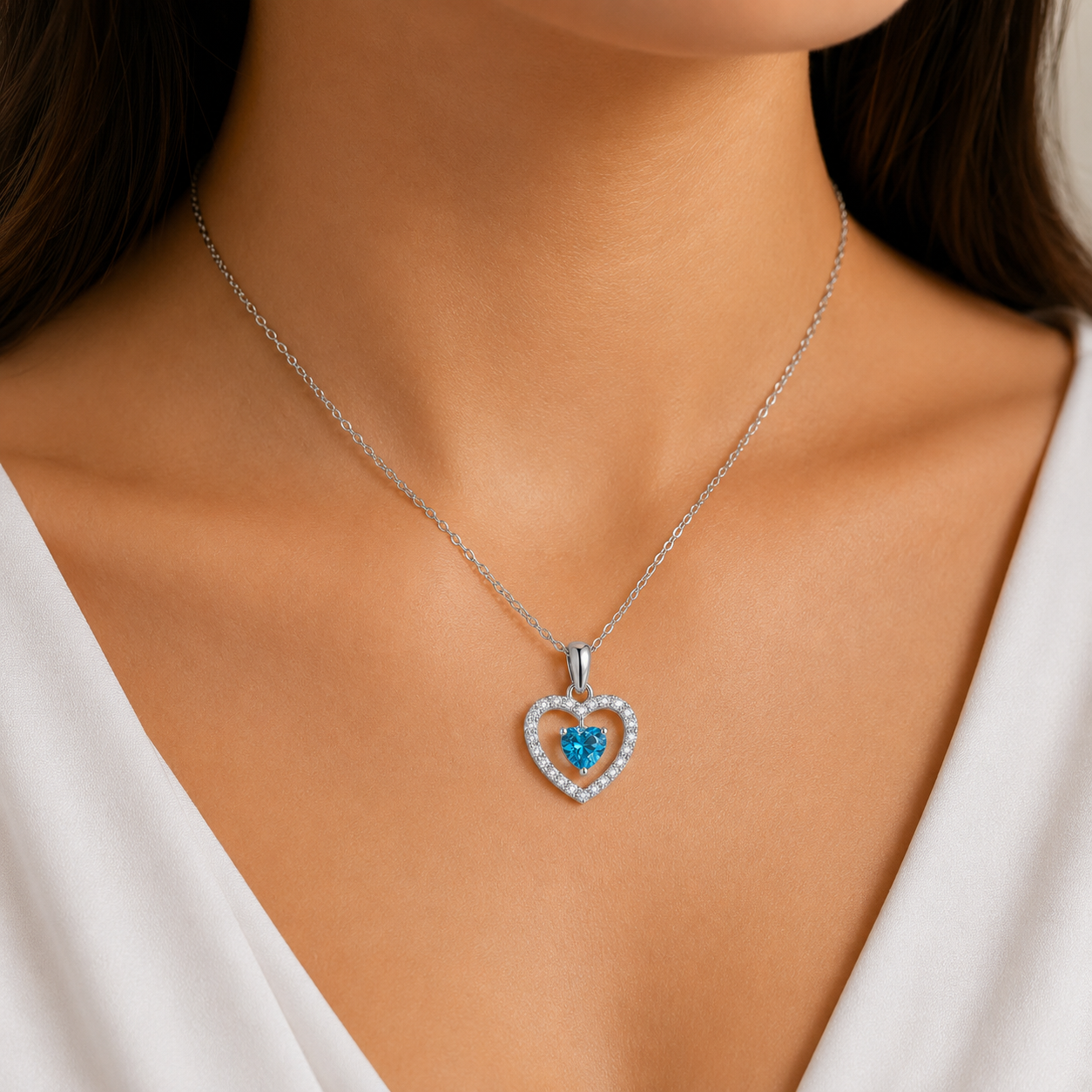 925 Sterling Silver Blue Heart Pendant Necklace for Women – Sparkling Cubic Zirconia Love Jewelry
