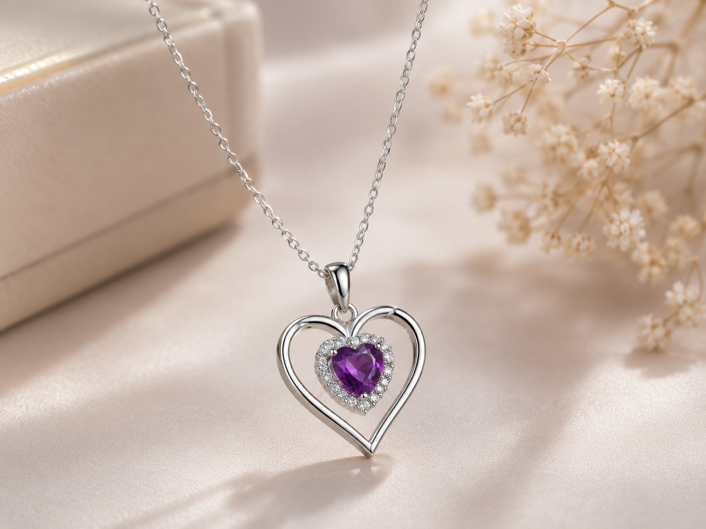 Classic 925 Sterling Silver Purple Heart Charm Necklace – Gift for Wife, Mom & Girlfriend
