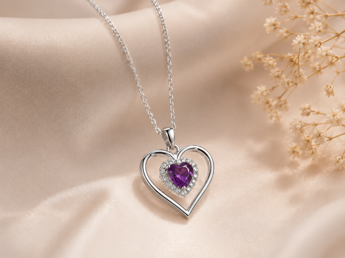 Classic 925 Sterling Silver Purple Heart Charm Necklace – Gift for Wife, Mom & Girlfriend