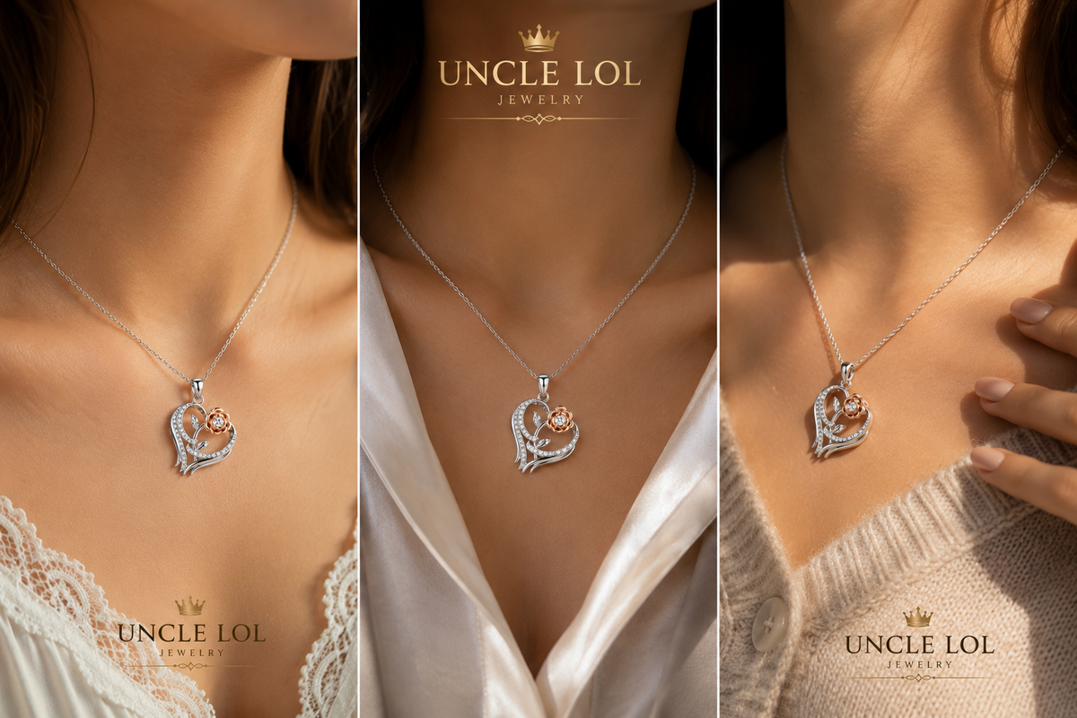 925 Sterling Silver Rose Heart Flower Pendant Necklace for Women – Elegant Romantic Jewelry Gift