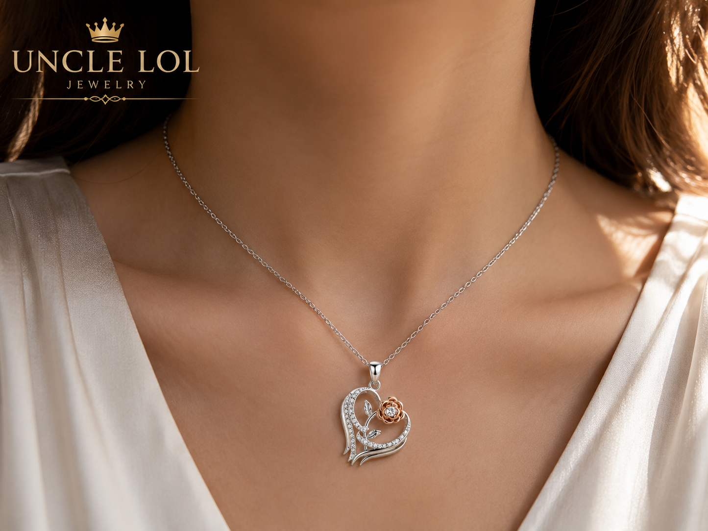 925 Sterling Silver Rose Heart Flower Pendant Necklace for Women – Elegant Romantic Jewelry Gift