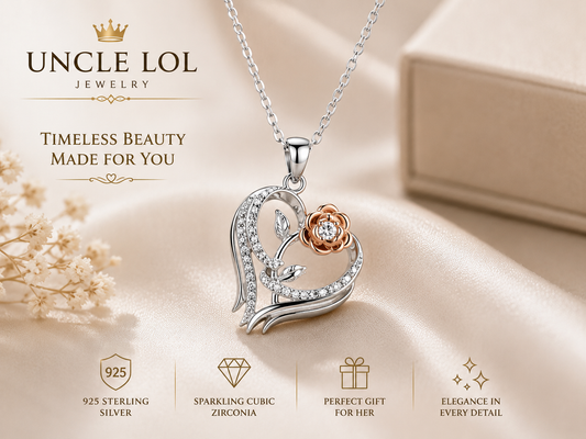 925 Sterling Silver Rose Heart Flower Pendant Necklace for Women – Elegant Romantic Jewelry Gift
