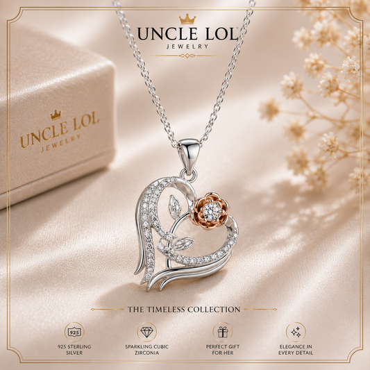 925 Sterling Silver Rose Heart Flower Pendant Necklace for Women – Elegant Romantic Jewelry Gift