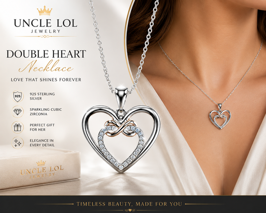 925 Sterling Silver Double Heart Pendant Necklace for Women – Elegant Cubic Zirconia Love Jewelry