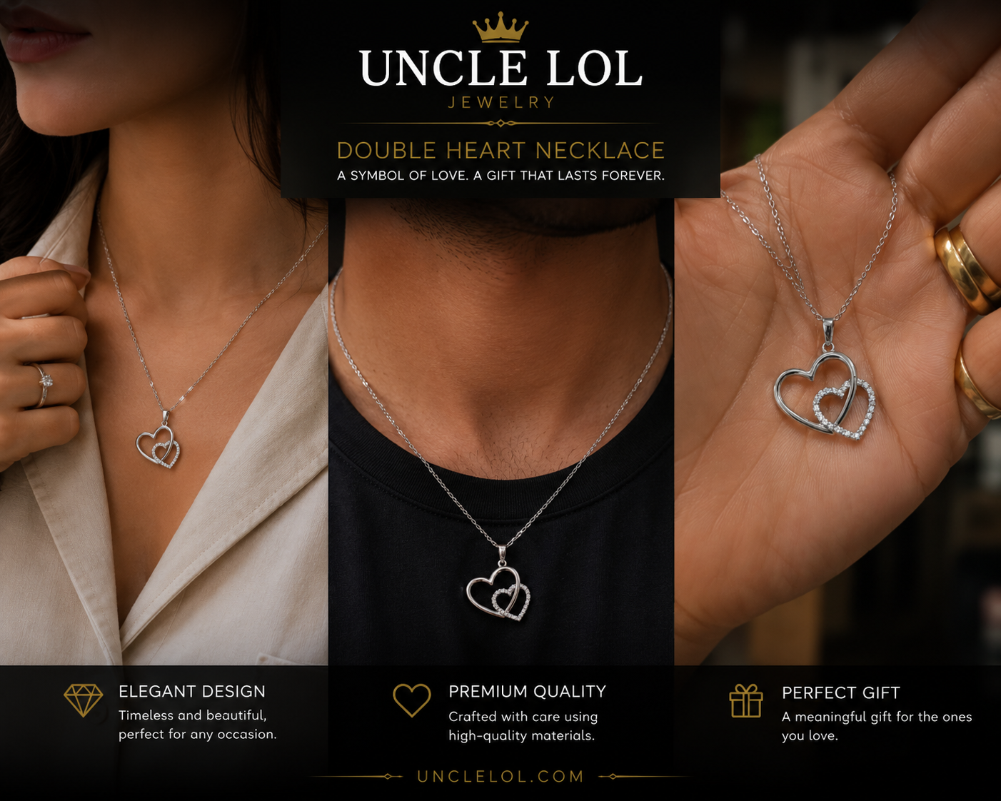 925 Sterling Silver Double Heart Pendant Necklace – Elegant Love Necklace for Women