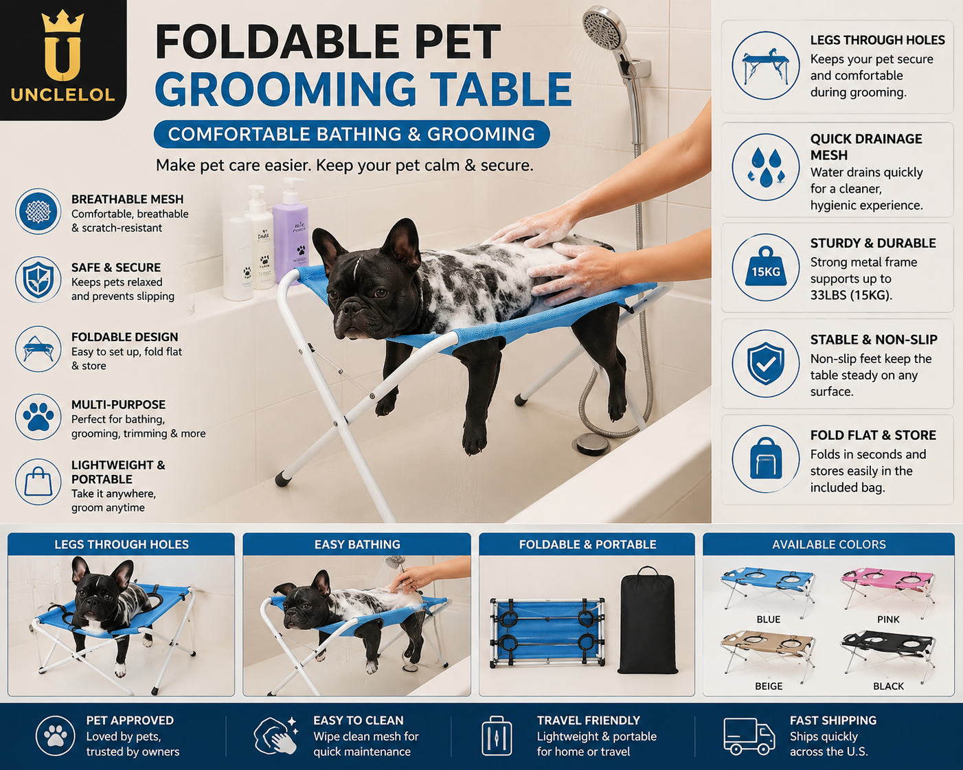 Foldable Pet Grooming Hammock Stand for Dogs & Cats – Bathing, Nail Trimming & Grooming Table
