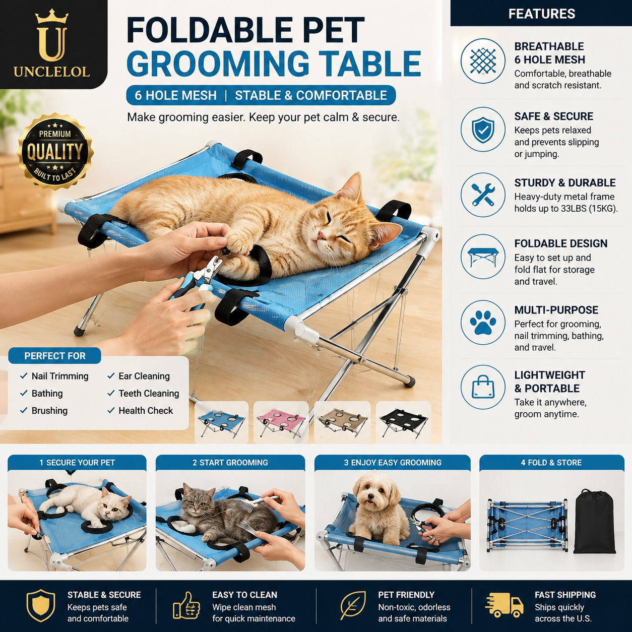 Foldable Pet Grooming Hammock Stand for Dogs & Cats – Bathing, Nail Trimming & Grooming Table