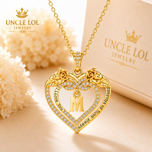 Uncle LOL Jewelry — 14K Gold Initial Letter Rose Heart Pendant Necklace for Women, Anniversary Birthday Jewelry Gifts for Wife Mom Grandma Sister Daughter, I Love You for Always And Forever