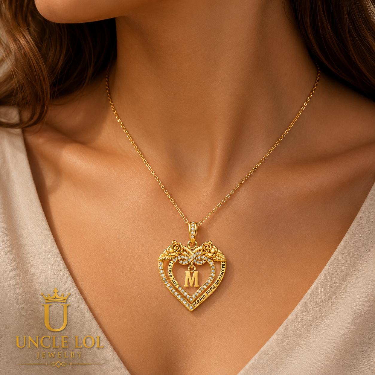 Uncle LOL Jewelry — 14K Gold Initial Letter Rose Heart Pendant Necklace for Women, Anniversary Birthday Jewelry Gifts for Wife Mom Grandma Sister Daughter, I Love You for Always And Forever