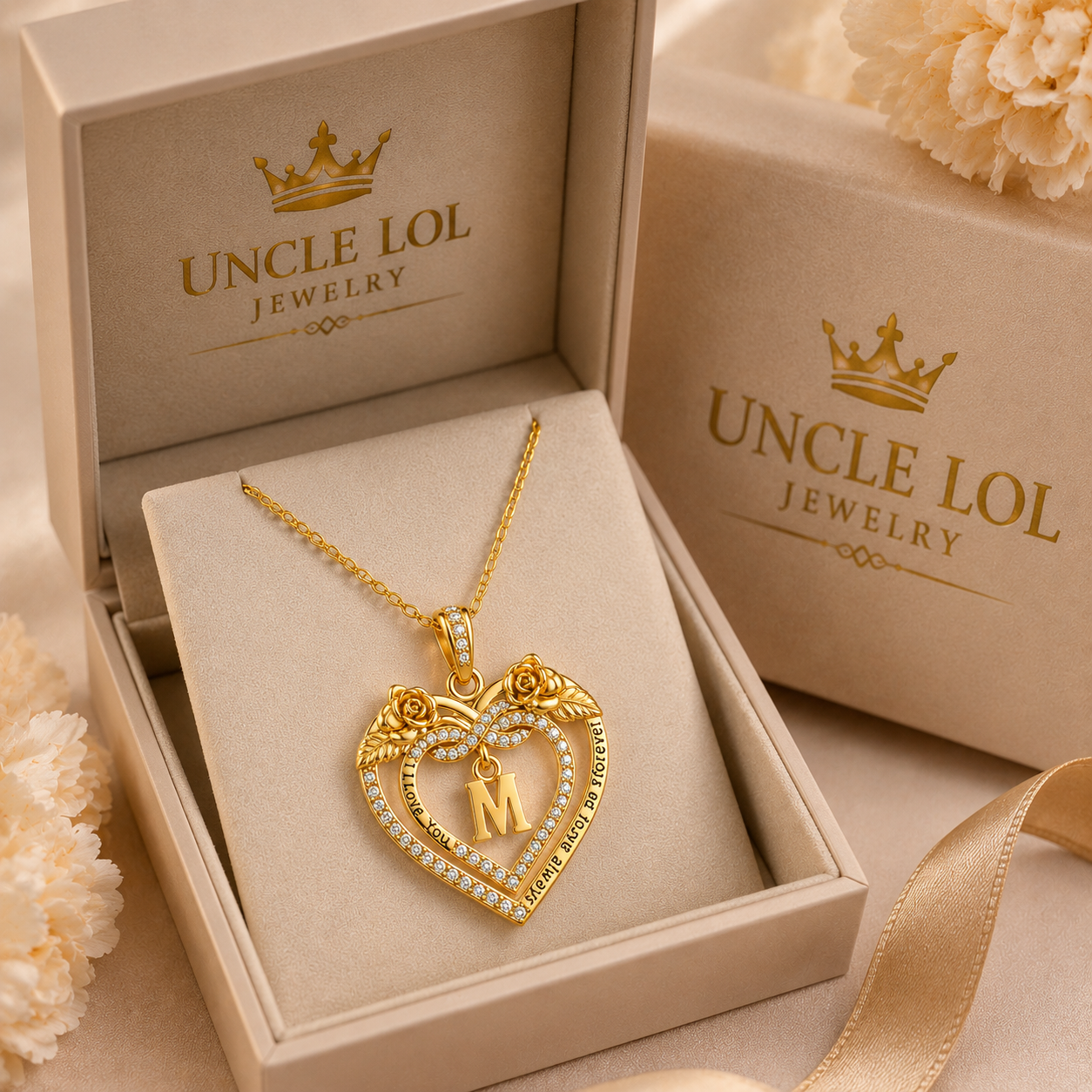 Uncle LOL Jewelry — 14K Gold Initial Letter Rose Heart Pendant Necklace for Women, Anniversary Birthday Jewelry Gifts for Wife Mom Grandma Sister Daughter, I Love You for Always And Forever