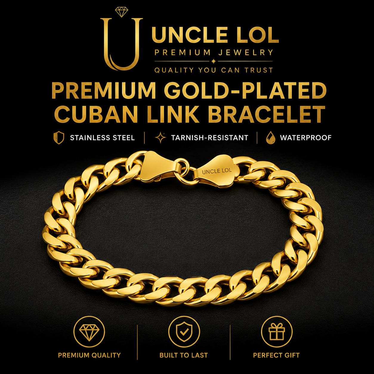 Premium 18K Gold-Plated Cuban Link Bracelet for Men & Women – Stainless Steel, Waterproof & Tarnish Resistant