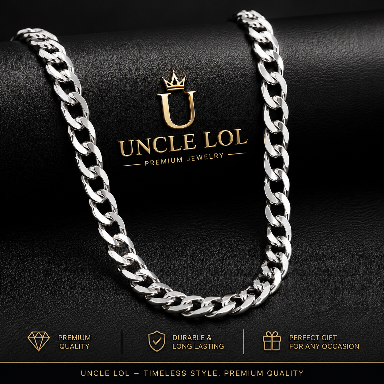UNCLE LOL Premium Silver Cuban Link Chain Necklace – Tarnish-Resistant Stainless Steel