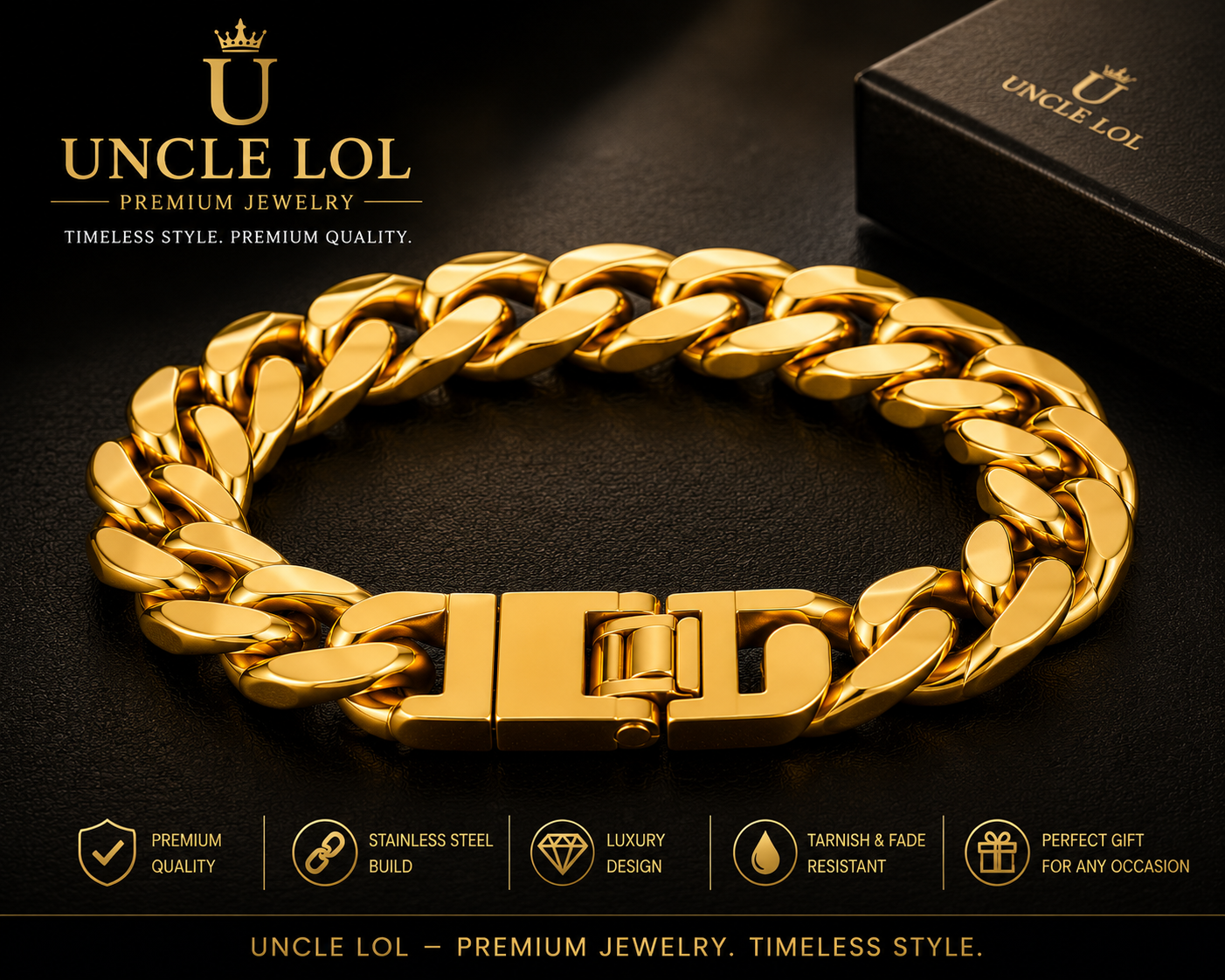UNCLE LOL Premium Gold Cuban Link Bracelet – Tarnish-Resistant Gold-Plated Stainless Steel