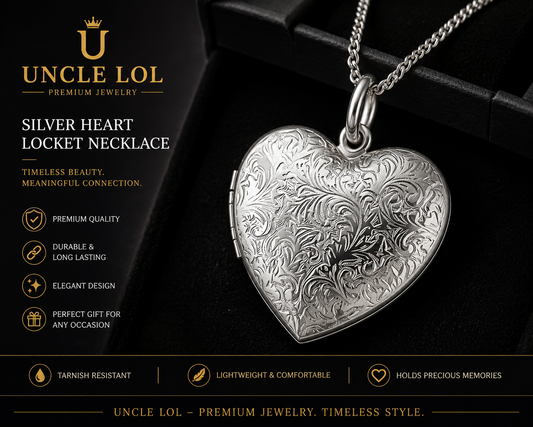 UNCLE LOL Vintage Silver Heart Locket Necklace – Engraved Photo Pendant for Women