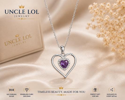 Classic 925 Sterling Silver Purple Heart Charm Necklace – Gift for Wife, Mom & Girlfriend