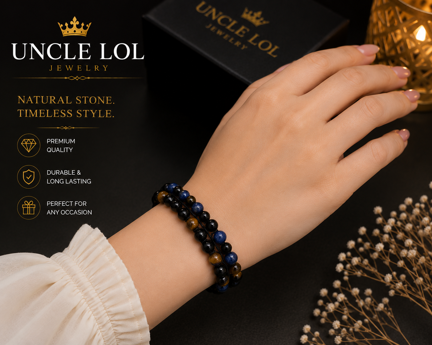 Triple-Layer Natural Stone Beaded Bracelet – Tiger Eye, Blue Tiger Eye & Black Onyx | Adjustable Unisex Bracelet