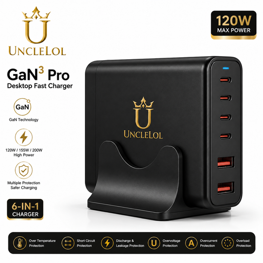 UncleLOL 120W GaN Desktop Charging Station, 6-Port Fast Charger with 4 USB-C & 2 USB-A, PD Fast Charging for MacBook, iPhone 16/15, iPad, Samsung Galaxy, Steam Deck & More