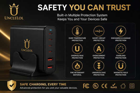 UncleLOL 120W GaN Desktop Charging Station, 6-Port Fast Charger with 4 USB-C & 2 USB-A, PD Fast Charging for MacBook, iPhone 16/15, iPad, Samsung Galaxy, Steam Deck & More