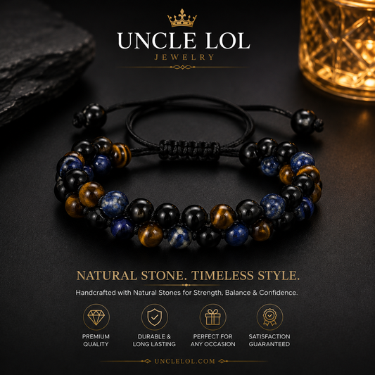 Triple-Layer Natural Stone Beaded Bracelet – Tiger Eye, Blue Tiger Eye & Black Onyx | Adjustable Unisex Bracelet